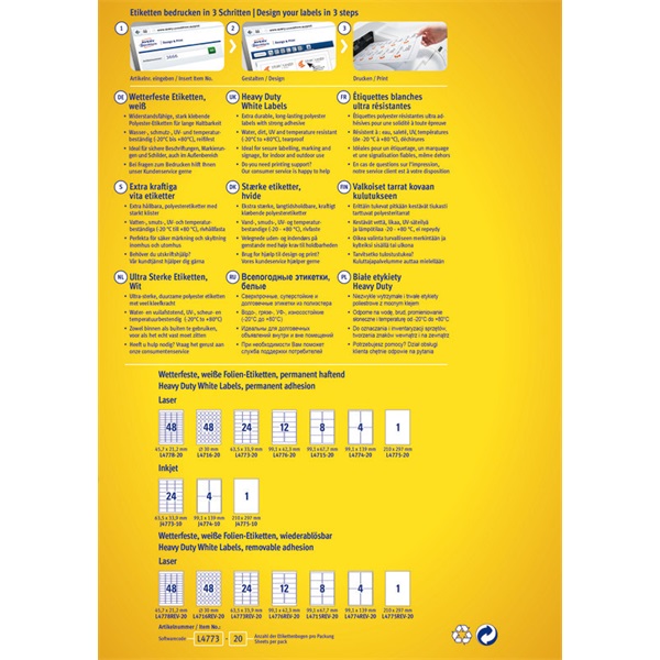 Avery L4776-20 99,1x42,3mm időjárásálló 240db-os etikett