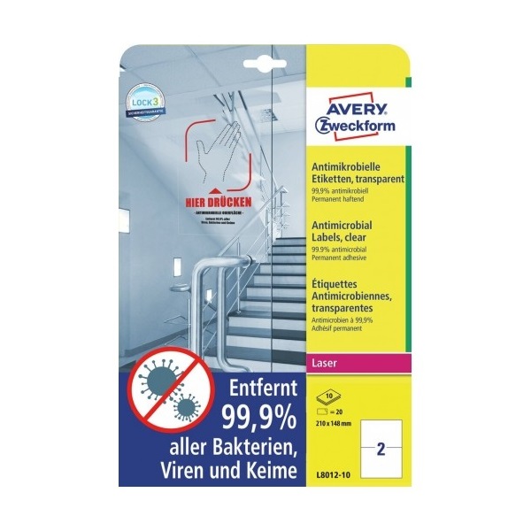 Avery L8012-10 antimikrobiális 210x148mm átlátszó fóliacímke