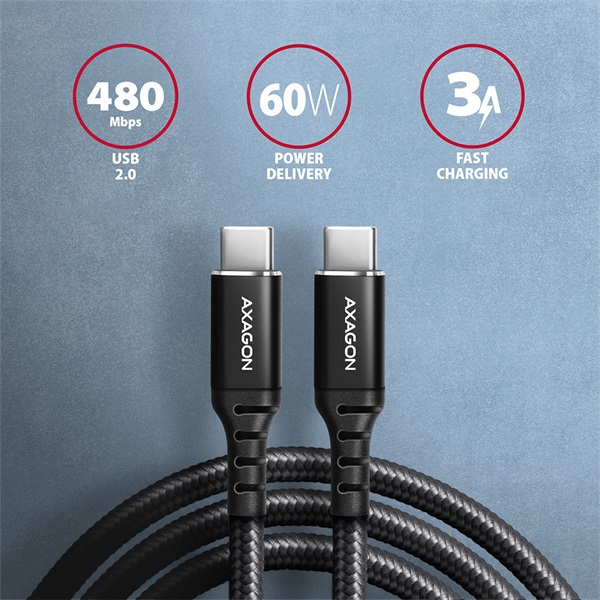 Axagon BUCM2-CM30AB 3m USB C fekete adat- és töltőkábel