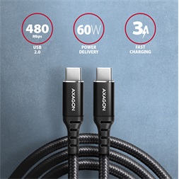 Axagon BUCM2-CM30AB 3m USB C fekete adat- és töltőkábel