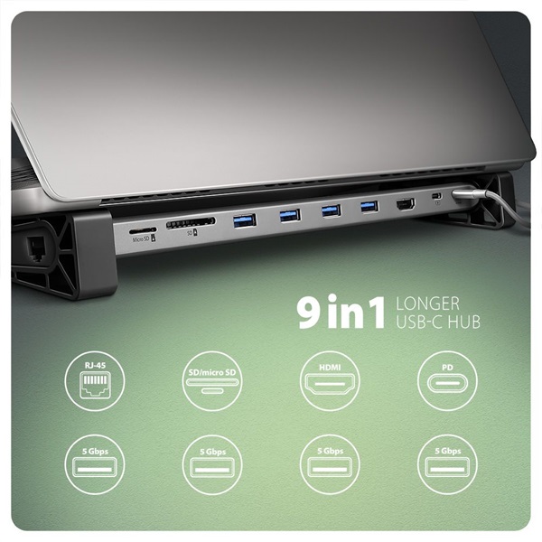 Axagon HMC-10HLS USB-C 5Gbps LONGER 9in1 hub