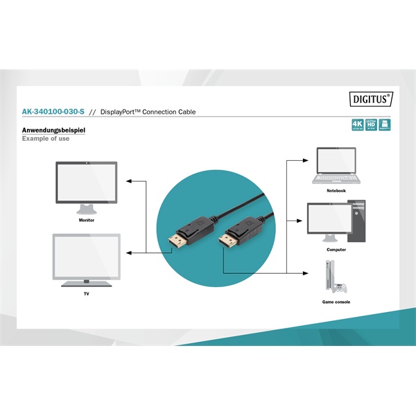 DIGITUS AK-340100-030-S 4K Display port 3m kábel