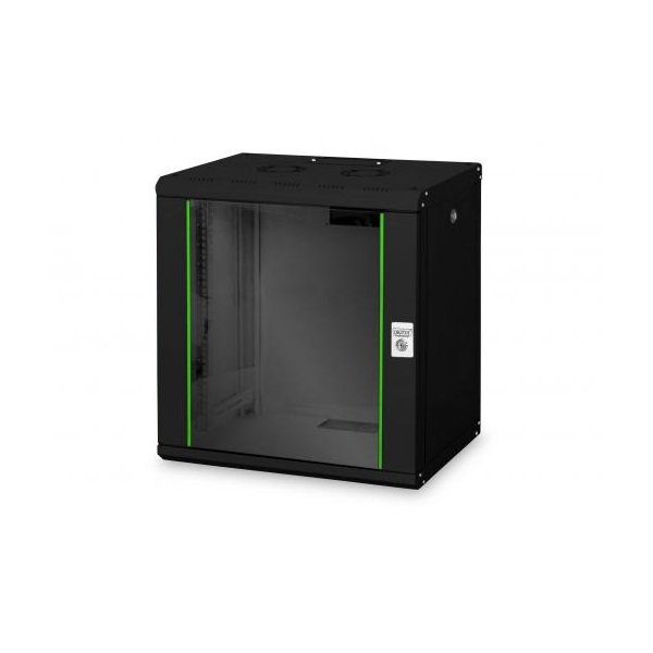 DIGITUS Rack Unique 19" 12U 643x600x450mm üvegajtós fekete fali rack szekrény