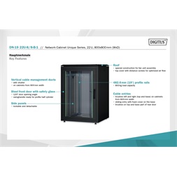 DIGITUS Rack Unique 19" 22U 1164x800x800mm üvegajtós fekete álló rack szekrény