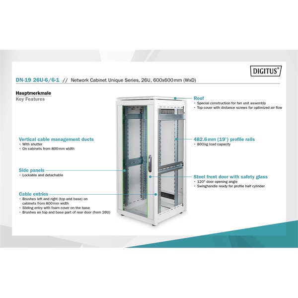 DIGITUS Rack Unique 19" 26U 1342x600x600mm üvegajtós szürke álló rack szekrény