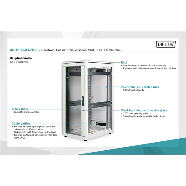 DIGITUS Rack Unique 19" 26U 1342x600x800mm üvegajtós szürke álló rack szekrény