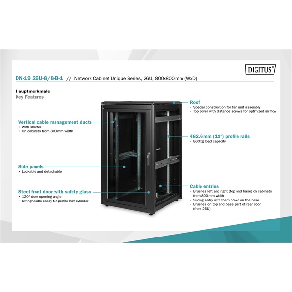 DIGITUS Rack Unique 19" 26U 1342x800x800mm üvegajtós fekete álló rack szekrény