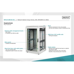 DIGITUS Rack Unique 19" 26U 1342x800x800mm üvegajtós szürke álló rack szekrény