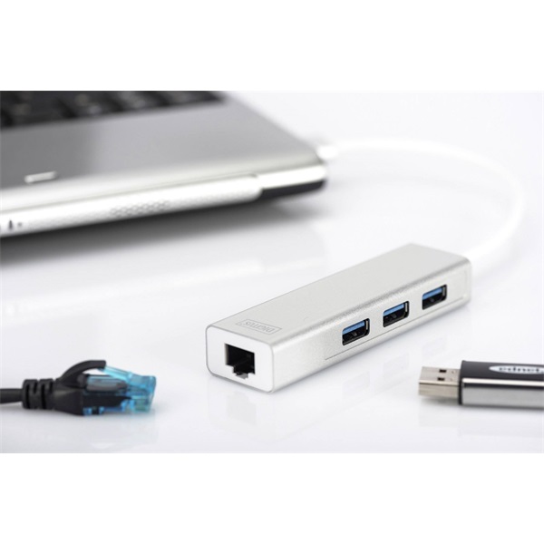 DIGITUS USB 3.0 Gigabit Ethernet adapter + 3 portos USB HUB