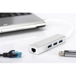 DIGITUS USB 3.0 Gigabit Ethernet adapter + 3 portos USB HUB