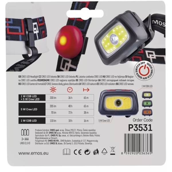 Emos P3531 CREE+COB LED 330lm 3×AAA fejlámpa