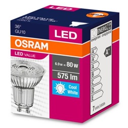 Osram Value PAR16 üveg ház/6,9W/575lm/4000K/GU10/230V/hideg fehér/36fok LED spot izzó