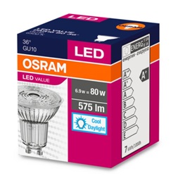 Osram Value PAR16 üveg ház/6,9W/575lm/6500K/GU10/230V/nappali fényű/36fok LED spot izzó