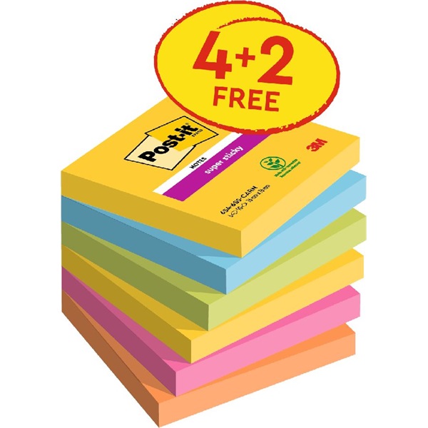 Post-it Super Sticky Carnival 76x76mm  90lapos 4+2db  vegyes jegyzettömb