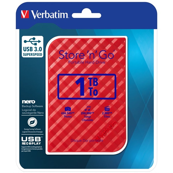 Verbatim 53203 Store `n` Go 2,5" 1TB USB 3.0 SuperSpeed piros külső winchester